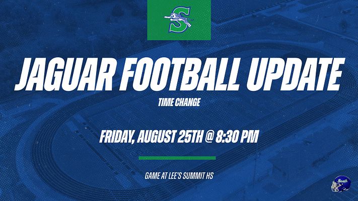 bssjaguars's tweet photo. Varsity Football Time Change:  Tomorrow night's varsity football game at Lee's Summit High School will now kickoff at 8:30 PM.
@JaguarsBss https://t.co/O9xdyrfoOg