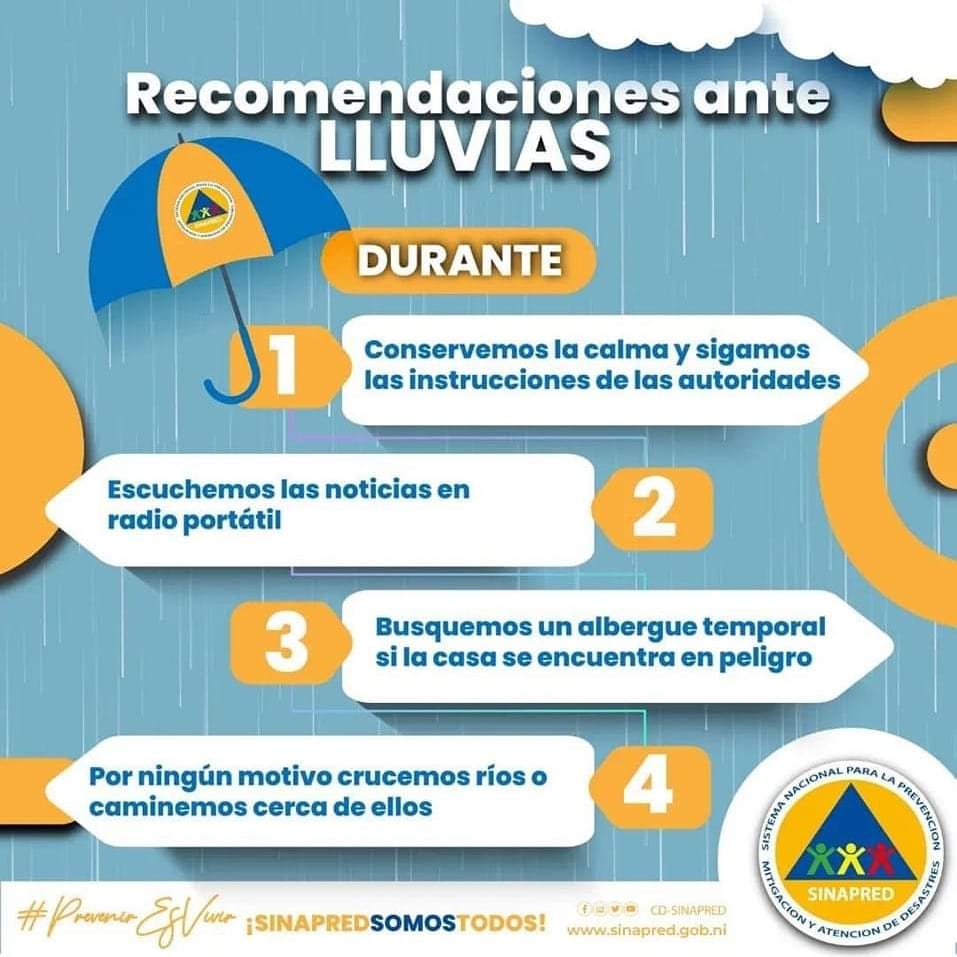 CDSINAPRED's tweet photo. Un sistema de baja presión ubicado a unos 358 kilómetros al Oeste de Nicaragua y El Salvador, ha propiciado el ingreso de lluvias desde aproximadamente las 6:00 de la tarde del día miércoles 23 de agosto. 
🌧🌀

Tomemos en cuenta las siguientes recomendaciones.☔️ 👇👇 https://t.co/6Q6FqBZ7Bk