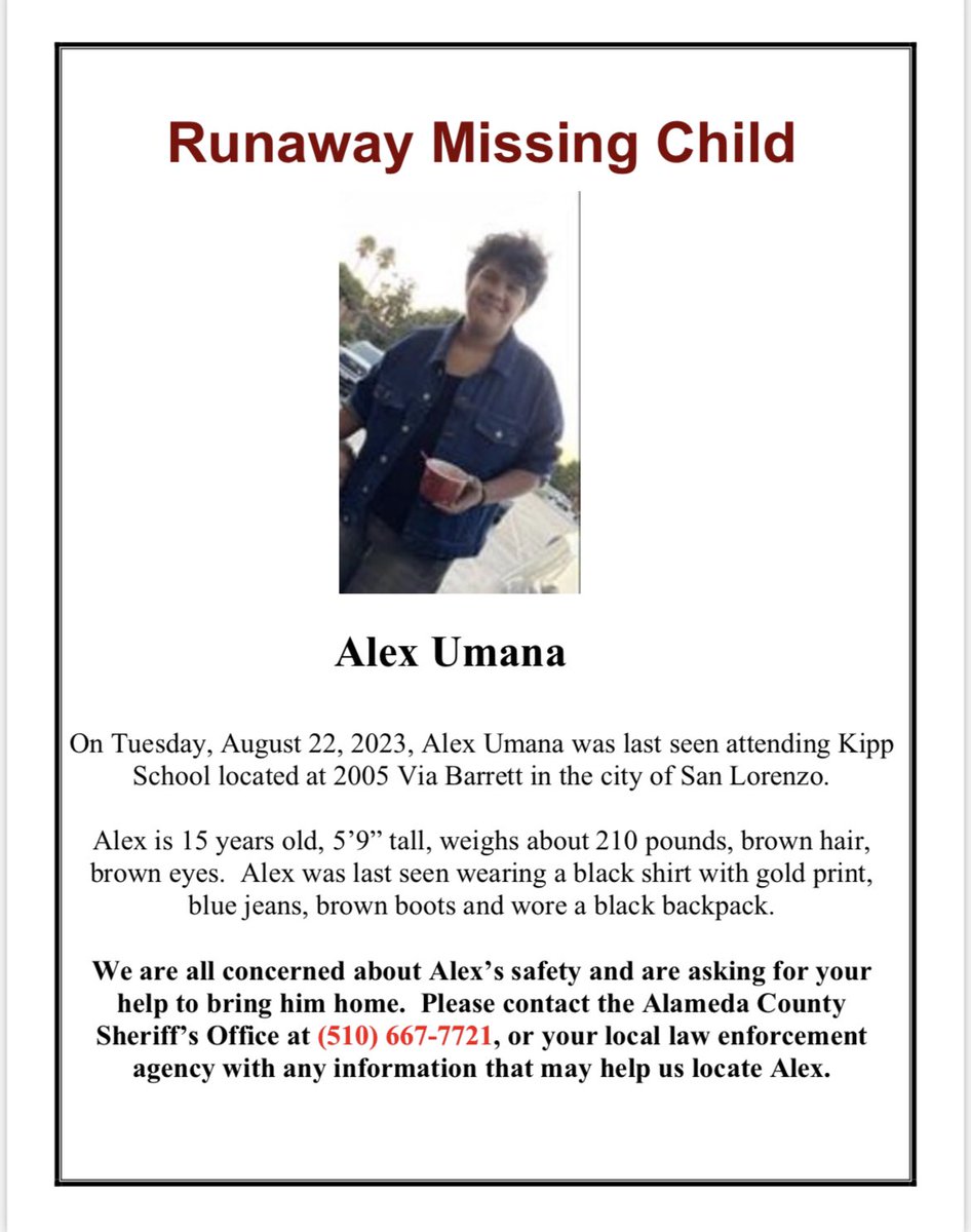 The Alameda County Sheriff’s Office is asking for your help in locating 15 year old Alex Umana. 

#PleaseShare