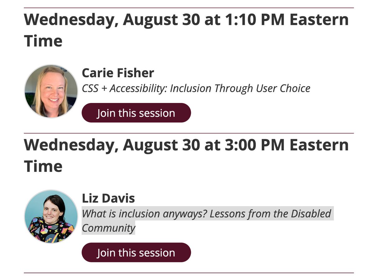 A11YTalks's tweet image. The Web Accessibility in Mind Conference is next week.
Two of our own #A11yCats will be presenting!
@cariefisher - CSS + Accessibility: Inclusion Through User Choice
@lizdavis__  - What is inclusion anyways? Lessons from the Disabled Community

conference.webaim.org/schedule #WebAIMConf