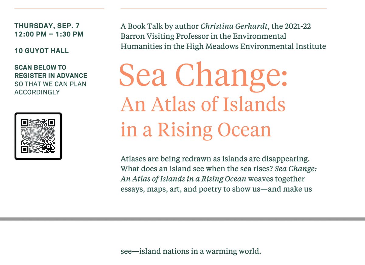 Thrilled to return to Princeton's High Meadows Environmental Institute @PrincetonEnviro to give an invited guest lecture on Sea Change on Th. 9/7 12:00-1:30 pm in Guyot Hall 10. Register here: environment.princeton.edu/event/sea-chan… @UCPress