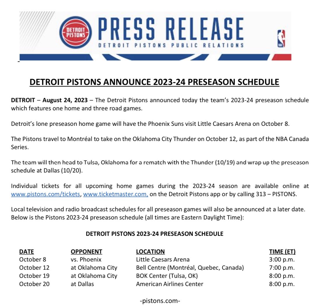 The @DetroitPistons today announced the team’s 2023-24 preseason schedule which features one home and three road games.