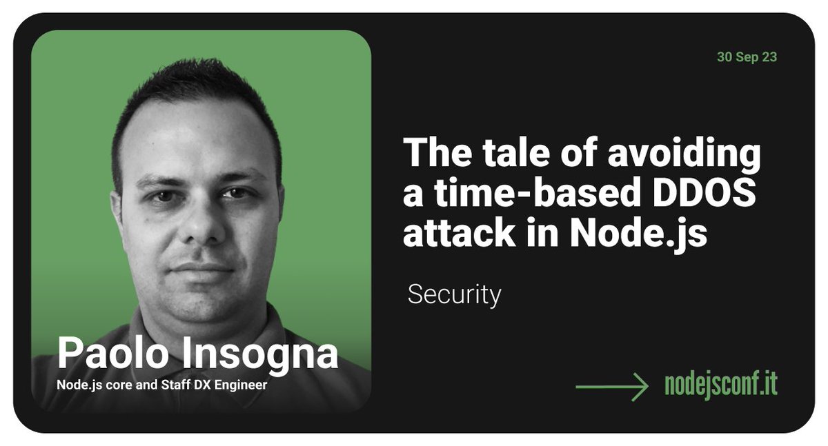 Meet our awesome speakers! Proud to introduce <a href="/p_insogna/">Paolo Insogna</a> with "The tale of avoiding a time-based DDOS attack in Node.js". It's all about security! See you all in Desenzano on September 30th.🚀Have you already bought your ticket? 2023.nodejsconf.it #NodeJSConf #nodejs <a href="/nodejs/">Node.js</a>
