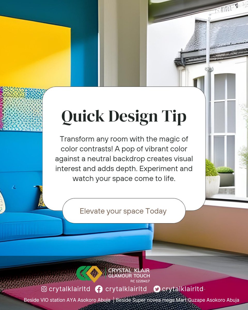 CrystalKlairLtd's tweet image. Quick #DesignTip:

Transform any room or space with the magic of #colorcontrasts! A pop of vibrant color against a neutral backdrop creates visual interest and adds depth.
Experiment this and watch your space come to life. 🎨✨
#DesignTipThursday
 #GlamourTouchMagic #Crystalklair