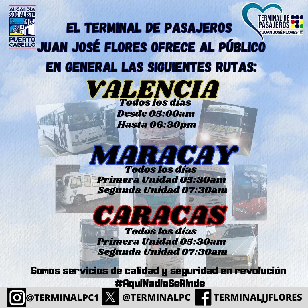 terminalpc's tweet photo. Iniciamos este jueves, compartiendo con ustedes las diferentes rutas que se encuentran disponibles desde nuestro Terminal de Pasajeros Juan José Flores, unidades activadas desde tempranas horas al servicio de la colectividad Puerto Cabello #EstaDeModa visítanos @JCbetancourt72 https://t.co/DfrmyPrGxR