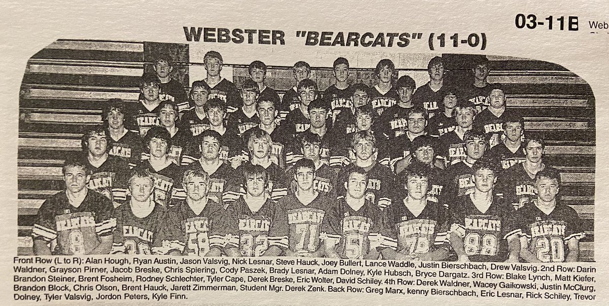 RyanDeal_605's tweet photo. #tbt The Webster Bearcats won the 2003 Class 11B ‘ship. Joe Robbie MVP Jacob Breske passed for 252 yards and five touchdowns in the title game, a 44-20 win vs Gregory. https://t.co/MdHDSD4r4O