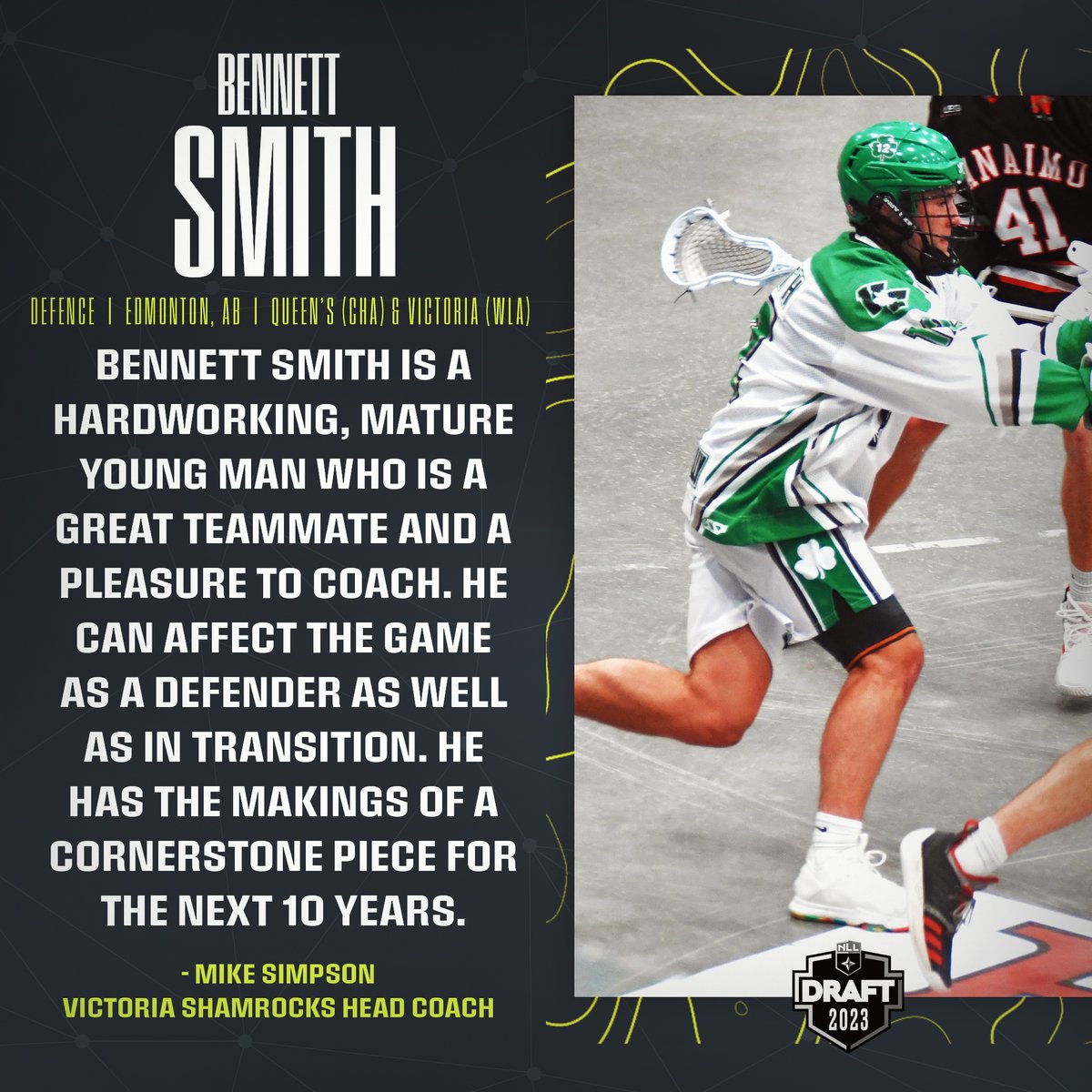 "He has the makings of a cornerstone piece for the next 10 years."

A standout defender who impressed this summer after helping his junior team to the Minto Cup Finals in 2022

Hear from <a href="/WLAShamrocks/">Victoria Shamrocks ☘️</a> HC Mike Simpson on Bennett Smith