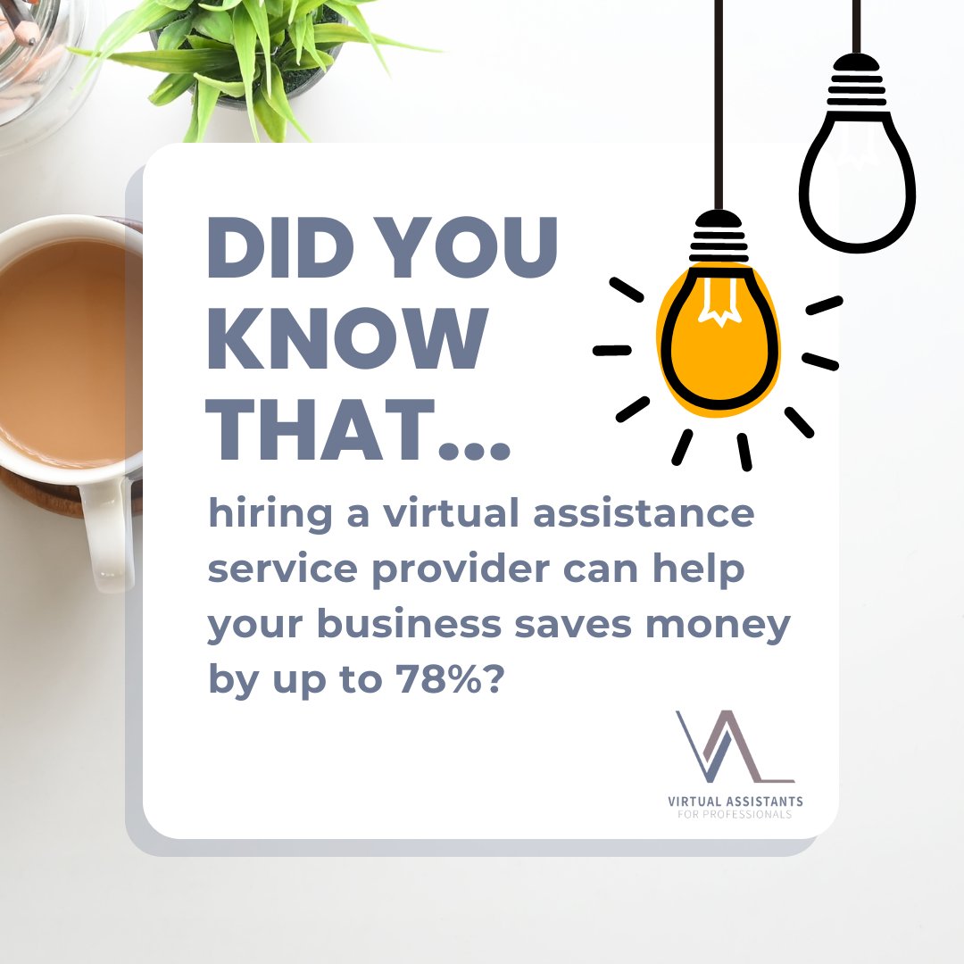 VAPOutsourcing's tweet photo. According to a recent study, hiring a virtual assistant can result in savings of up to 78% for businesses. This is because VAs tend to be more efficient than conventional employees, focusing on specific tasks and often completing work more efficiently. 
#VAforProfessionals https://t.co/9ekMt7XxmB