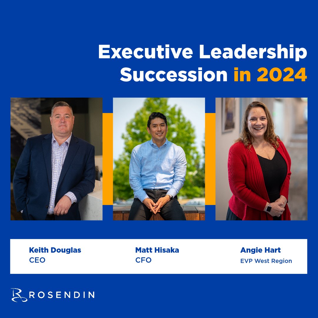 RosendinInc's tweet photo. We are proud to announce a new succession to our Executive Leadership Team! 

Beginning in January 2024, Keith Douglas will assume the role of CEO, Matt Hisaka will be Chief Financial Officer, and Angie Hart will be our  new Executive Vice President of the West Region. https://t.co/A4BfYTECww