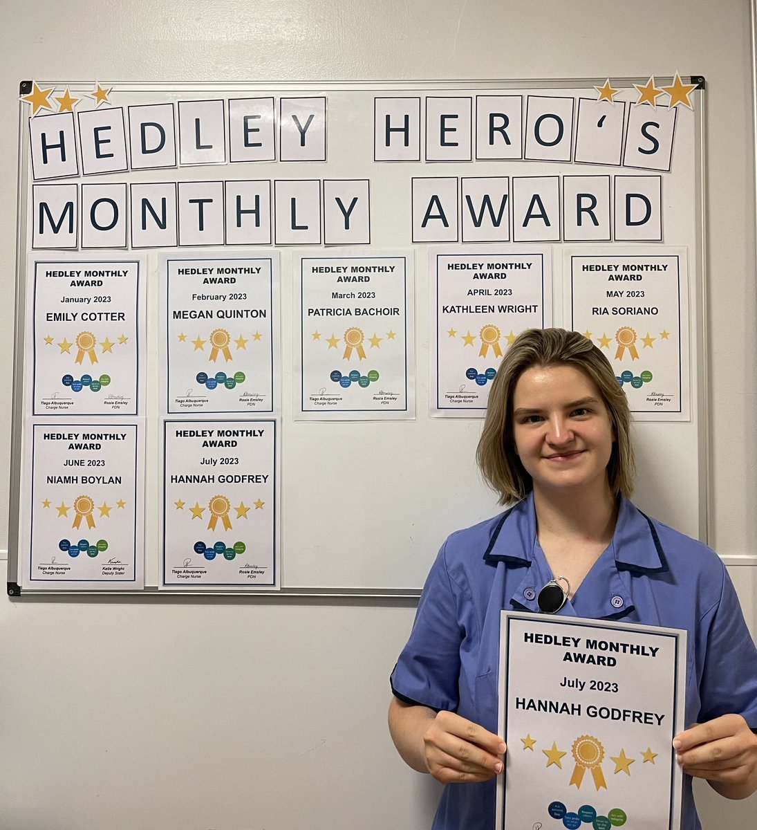 It is a great feeling to be able to recognise our amazing staff. Saying this, the Hedley Hero’s Monthly Award for July goes to the amazing Hannah, as voted by the team. She is a rising star in our oncology directorate! ⭐️ @GSTTnhs #TeamHedley #staffrecognition #nursing