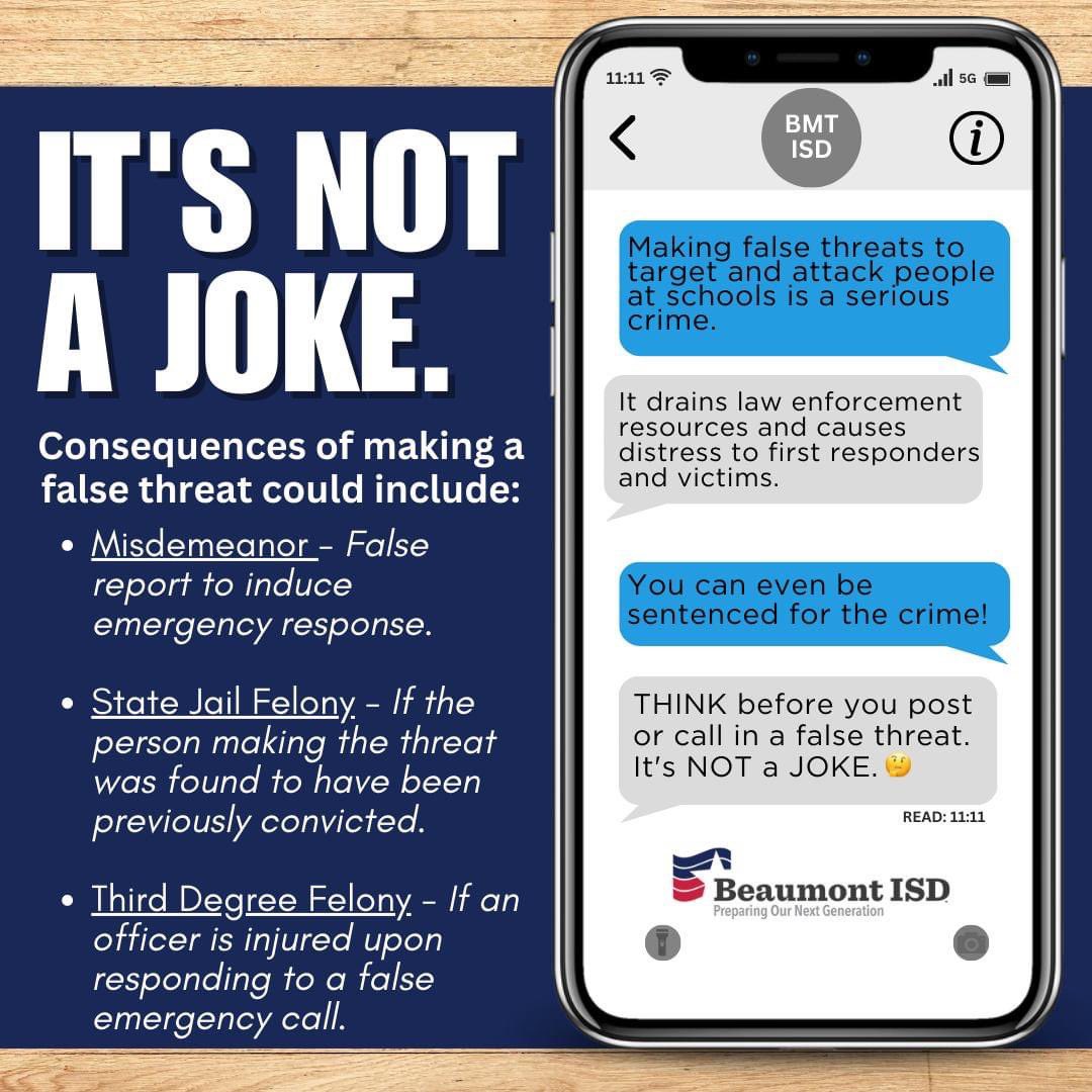 BeaumontISD's tweet photo. We must make the most of every moment. False threats cause interruptions and take away from the learning process.  Let's work together to make #EveryMomentMatter here in #BMTISD. https://t.co/6HdrPnEDrG