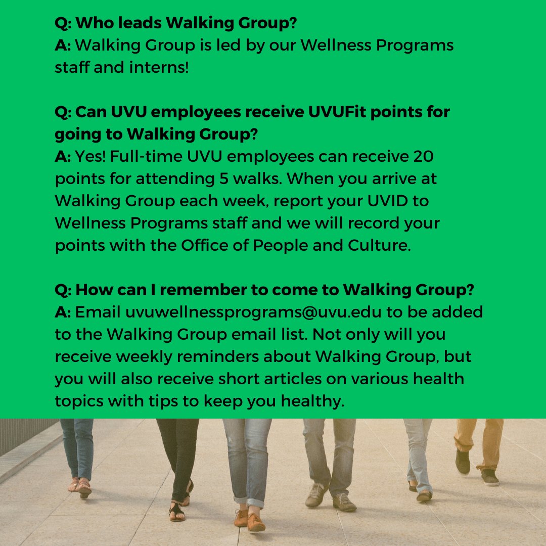 Come join us for walking group every Wednesday at 1pm all year round! We hope to see you there!

#UVU #UVUWellness #UVUStudents #ThursdayServiceSpotlight #walkinggroup #wolverinemile