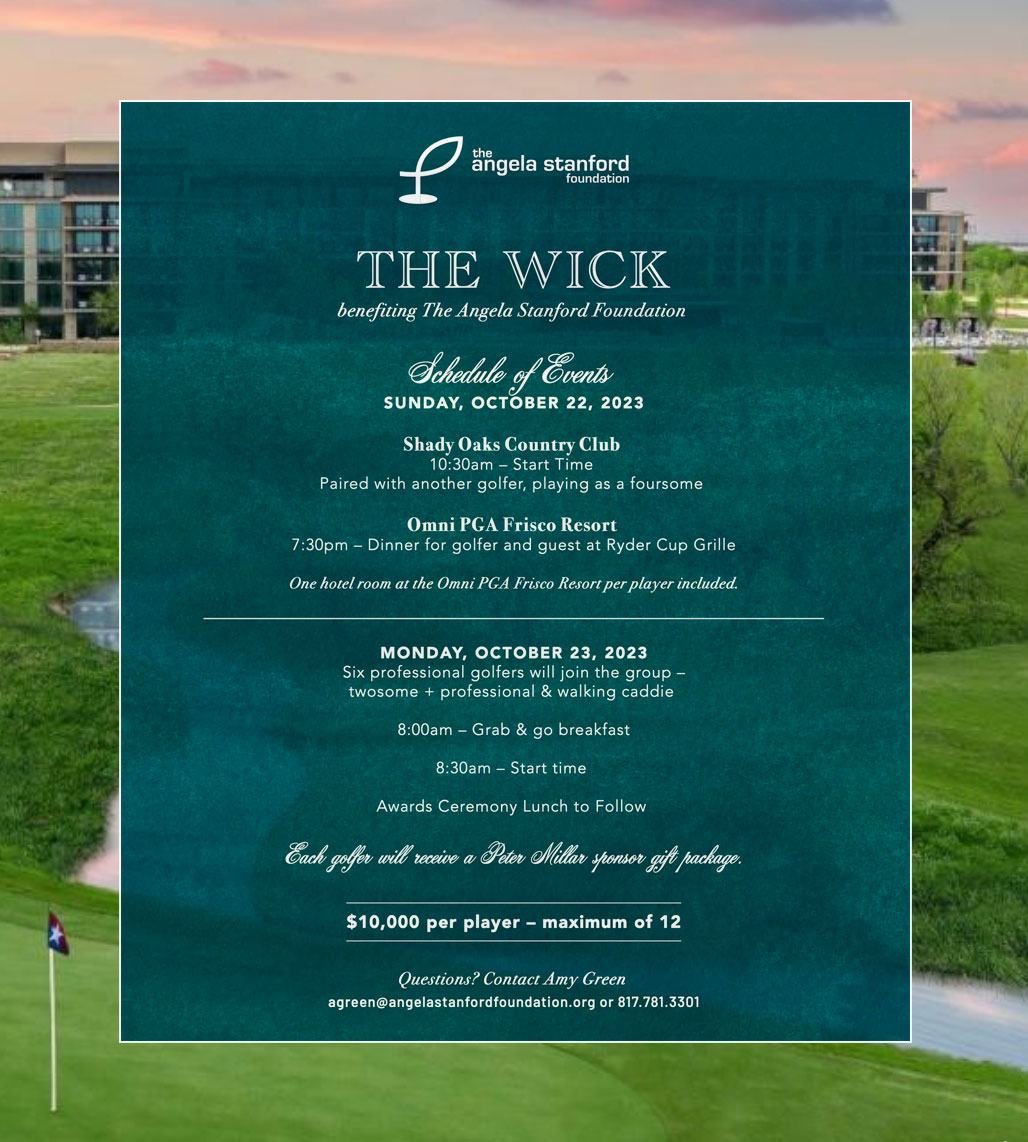 4ASFoundation's tweet image. There are still a few spots left for The Wick, a 2-day golf event benefiting the @4ASFoundation. Here's your chance to play at the prestigious Shady Oaks CC and the new Omni PGA Frisco Resort! Dinner, hotel room, and sponsor gift included. Register now: rb.gy/pgh76