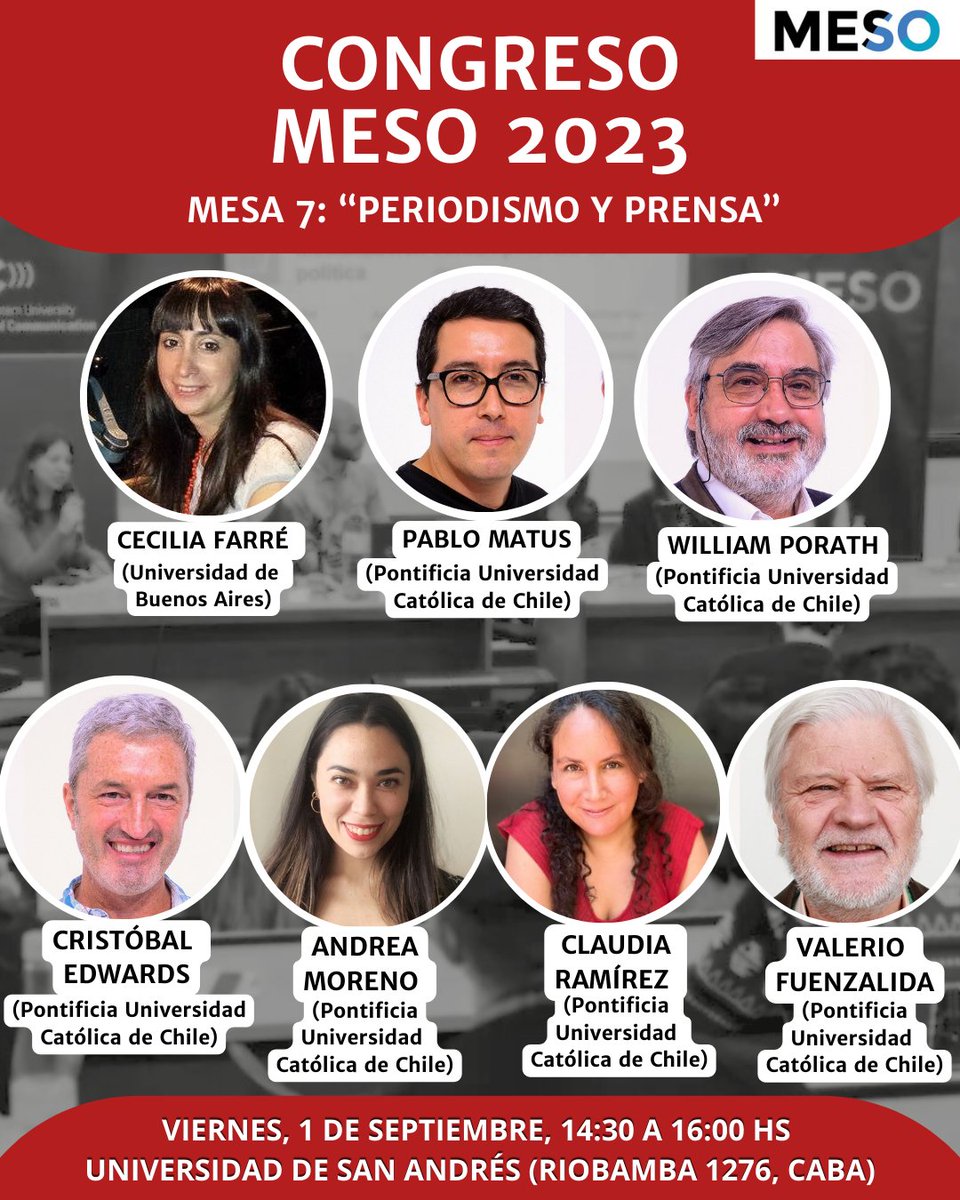 <a href="/alepoulos/">💚 Ale Artopoulos</a> <a href="/moramatassi/">mora</a> <a href="/FAlbarello/">Francisco Albarello</a> <a href="/piporta/">Paula</a> <a href="/alerost/">Alejandro Rost</a> <a href="/arripancho/">Francisco Arri</a> <a href="/ldm_nu/">Center for Latinx Digital Media</a> <a href="/Com_UdeSA/">Comunicación UdeSA</a> @ponteUFPR <a href="/amidi_com/">Cátedra AMIDI</a> <a href="/martinpmillan/">Martín Pérez Millán</a> <a href="/thiago_atri/">Obrigado pela Presença</a> El próximo viernes 1 de septiembre se lleva a cabo el #CongresoMeso2023. Estas son las ponencias de la Mesa 7 que presentarán trabajos sobre agenda periodística, líneas editoriales de los medios, evasión de noticias y el uso de la IA en el periodismo. En <a href="/UdeSA/">Universidad de San Andrés</a> (Riobamba 1276).