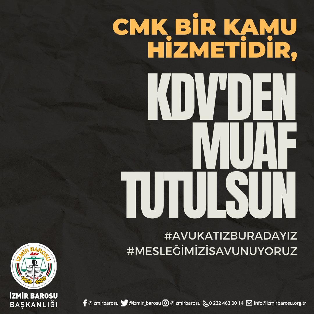 CMK bir kamu hizmetidir, KDV'den muaf tutulsun.
#AvukatızBuradayız 
#MesleğimiziSavunuyoruz