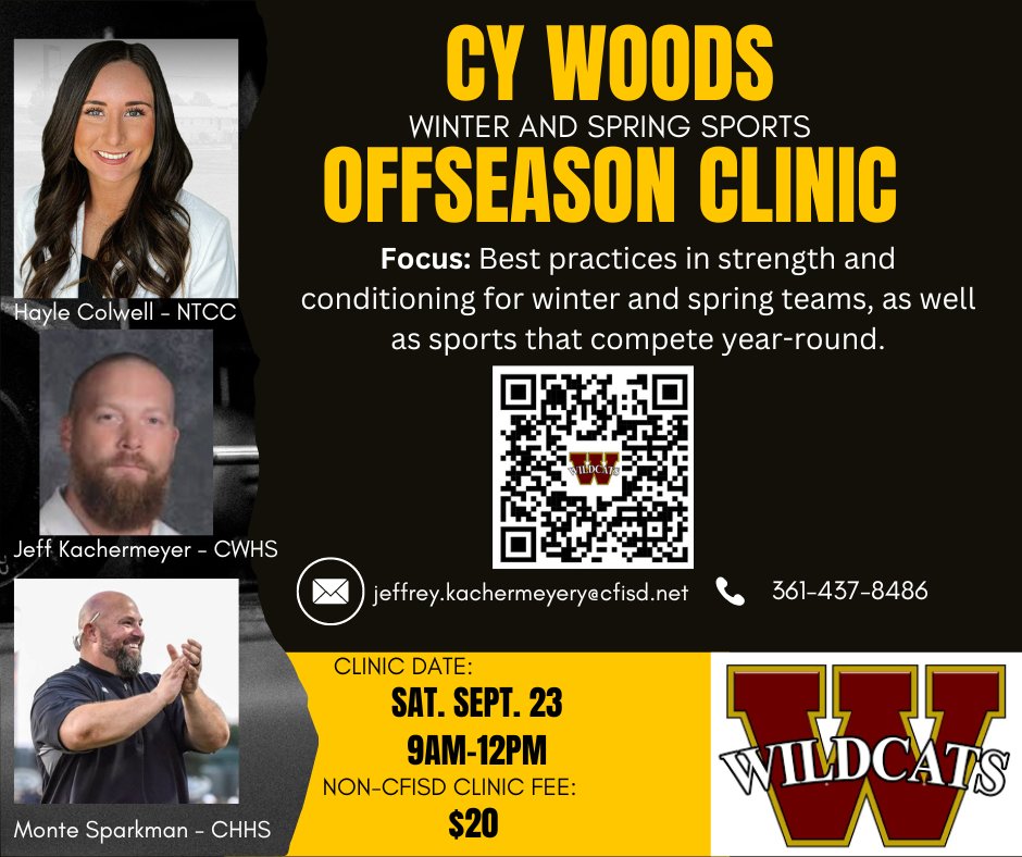 Coaches, we're ready for the Sept 23 Cy Woods winter & spring sports clinic. 3 speakers, focused = sports starting in offseason. Scan the QR code, fill out the form or just show up on Sept 23 @ 9. @powerlift_tx @rockstrengthexp @rfssports @MonteSparkman Hayley Colwell