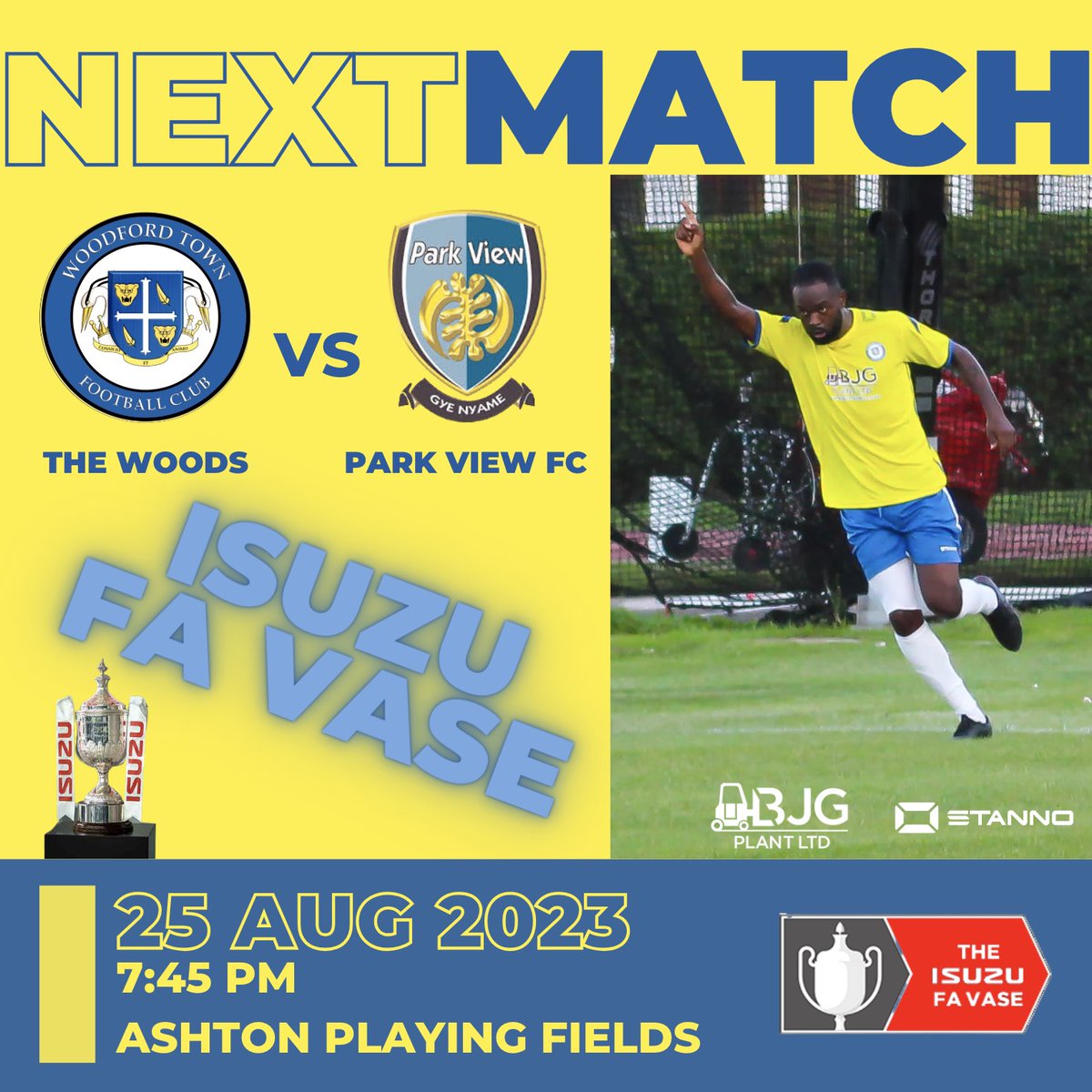 The games are coming thick and fast! 🟡 🔵 ⚪
🏆 Don't miss the Isuzu FA Vase tomorrow  Aug 25th at 7:45 pm kick off. Another Friday night under the lights as we welcome <a href="/parkviewfootba1/">PARK VIEW FC</a> to Ashton's! ⚽🥅 
Get tickets > rebrand.ly/isuzu-vase-802…
#FAVase #FootballFever