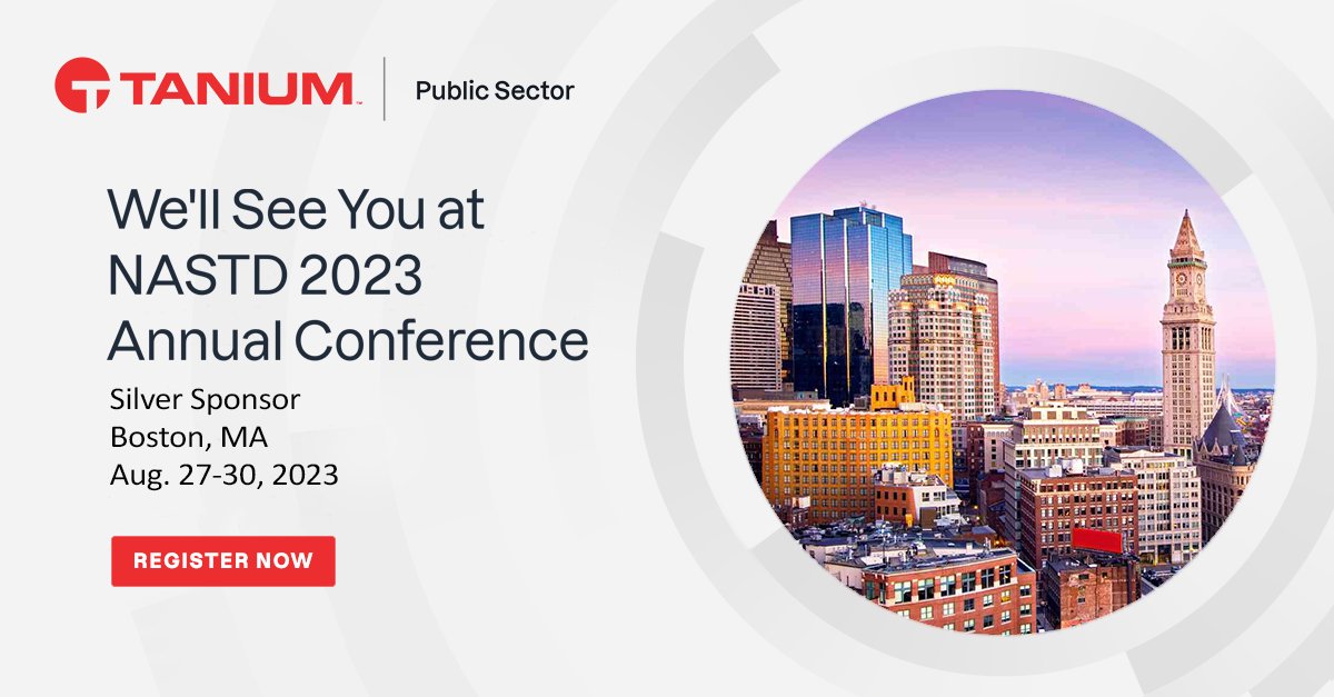 Tanium's tweet photo. We're proud to be a gold sponsor of @nastd's upcoming #NASTDannual conference! Learn how #Tanium's solutions help #stategov reduce IT complexity with a single control plane for #endpointmanagement.

Join us: 👉 https://t.co/vf4o8NMjbE 

#SLG #IThygiene #endpointprotection https://t.co/qb9hNXaxFZ