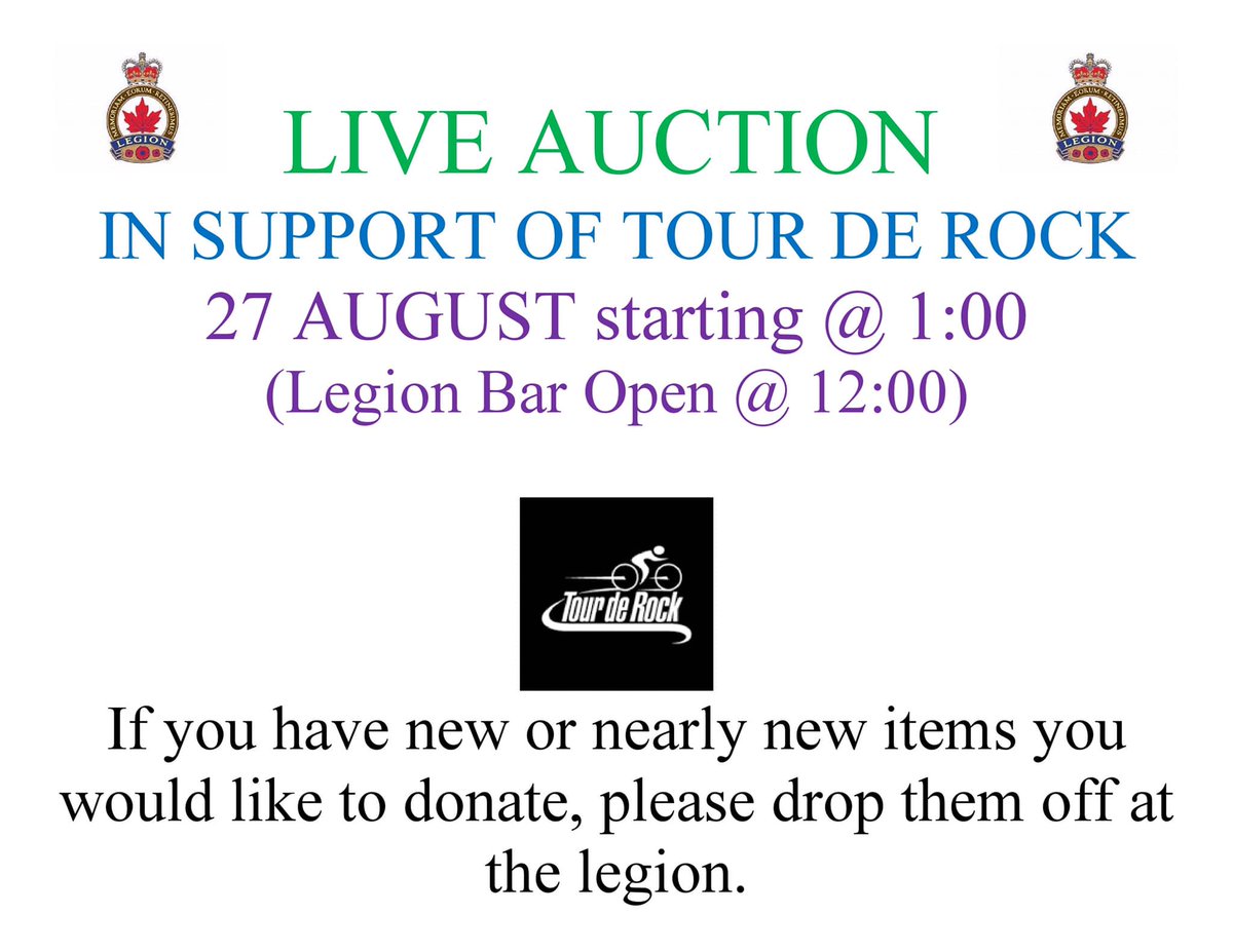 SookeLegion's tweet photo. Join us this Sun, 27 Aug at 1 pm for our Live Auction in support of #TourDeRock! Many items have been donated by local businesses.
#liveaution #copsforcancer #vancouverisland #sookelegion #sooke #sookebc @SookeCa @SookeNews @sookechamber @SookeRCMP https://t.co/x6jLphVSSh