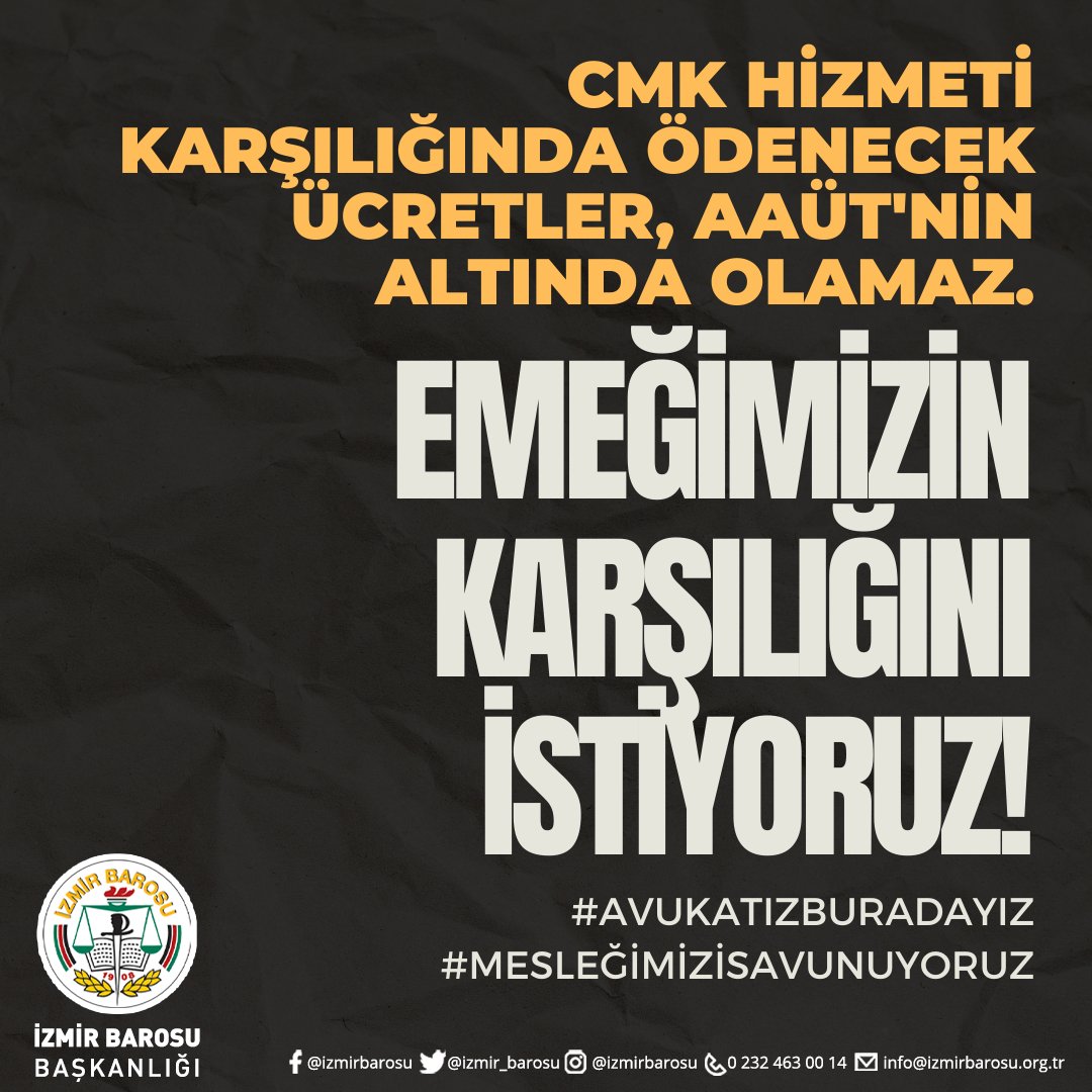 CMK hizmeti karşılığında ödenecek ücretler, AAÜT'nin altında olamaz. Emeğimizin karşılığını istiyoruz!
#AvukatızBuradayız
#MesleğimiziSavunuyoruz