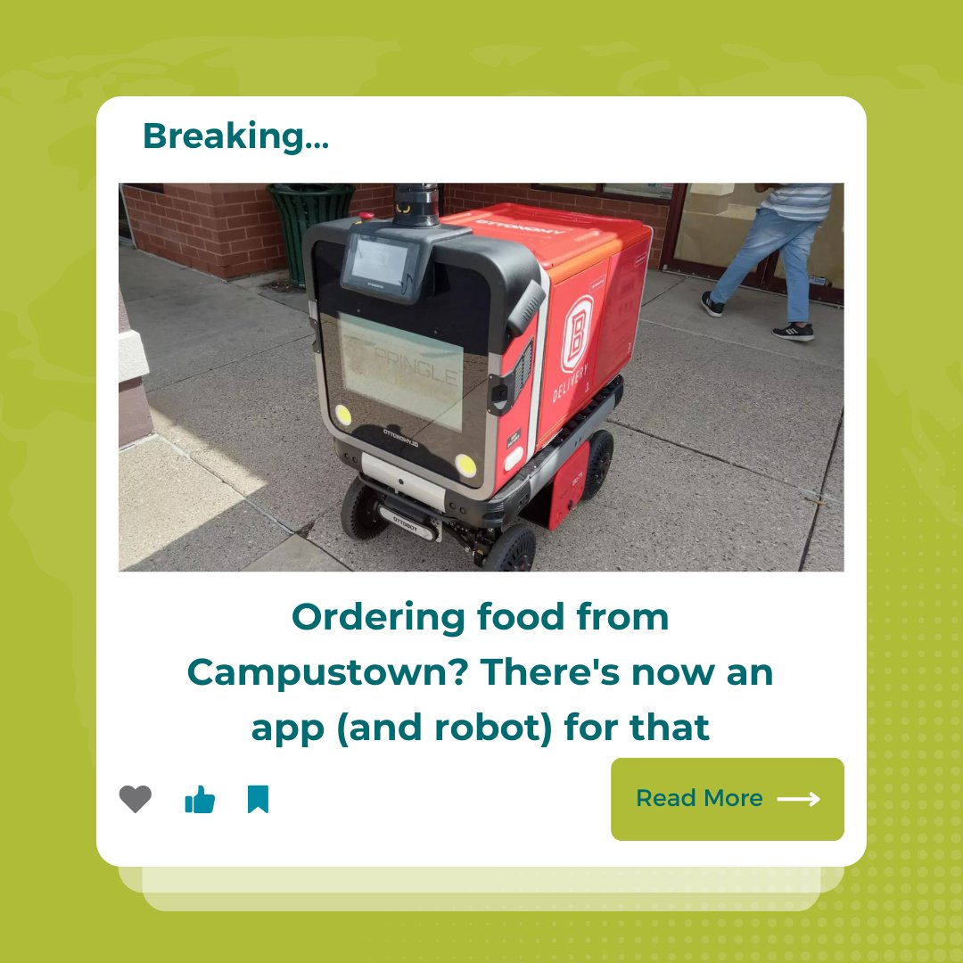 GreaterPeoria's tweet image. Campustown's new app &amp;amp; robot for food delivery is a leap in innovation, thanks to Pringle Robotics &amp;amp; Bradley University. Learn more:  Learn more: ow.ly/tgSZ50PCW1K. #InnovationInPeoria #SmartLiving #FutureOfDining"