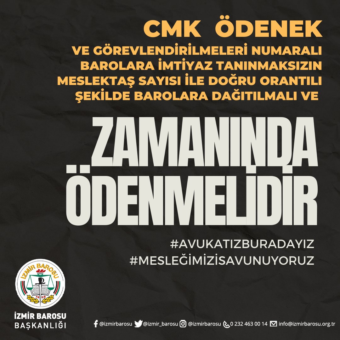 CMK ödenek ve görevlendirilmeleri numaralı barolara imtiyaz tanınmaksızın meslektaş sayısı ile doğru orantılı şekilde barolara dağıtılmalı ve zamanında ödenmelidir.
#AvukatızBuradayız
#MesleğimiziSavunuyoruz