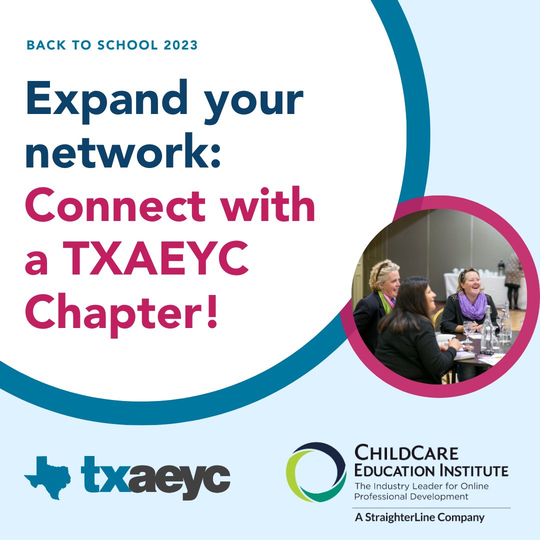 TXAEYC (@texasaeyc) on Twitter photo TXAEYC and our partners at <a href="/CCEIOnline/">ChildCare Education Institute</a> invite you to connect with a TXAEYC Chapter this school year! Check out what our chapters have to offer and resources from TXAEYC and CCEI at buff.ly/2QOniHI! TXAEYC and our partners at <a href="/CCEIOnline/">ChildCare Education Institute</a> invite you to connect with a TXAEYC Chapter this school year! Check out what our chapters have to offer and resources from TXAEYC and CCEI at buff.ly/2QOniHI!