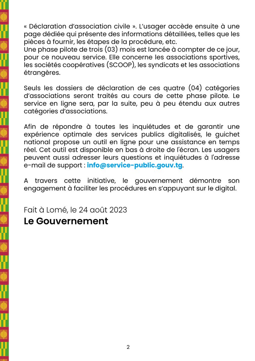 SggTogo's tweet photo. Le @GouvTg poursuit la digitalisation des services publics avec désormais, la déclaration d'association civile sur https://t.co/niaJ48Veuc.

Cette digitalisation démarre avec les associations sportives, les sociétés coopératives (SCOOP), les syndicats et associations étrangères. https://t.co/eKmKgcWsgZ