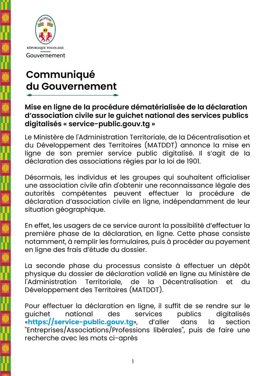 SggTogo's tweet photo. Le @GouvTg poursuit la digitalisation des services publics avec désormais, la déclaration d'association civile sur https://t.co/niaJ48Veuc.

Cette digitalisation démarre avec les associations sportives, les sociétés coopératives (SCOOP), les syndicats et associations étrangères. https://t.co/eKmKgcWsgZ