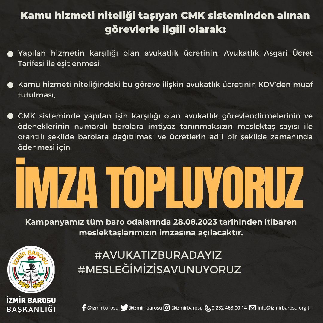 Kamu hizmeti niteliği taşıyan CMK sisteminden alınan görevlerle ilgili olarak:

Yapılan hizmetin karşılığı olan avukatlık ücretinin, Avukatlık Asgari Ücret Tarifesi ile eşitlenmesi,

Kamu hizmeti niteliğindeki bu göreve ilişkin avukatlık ücretinin KDV’den muaf tutulması,

CMK