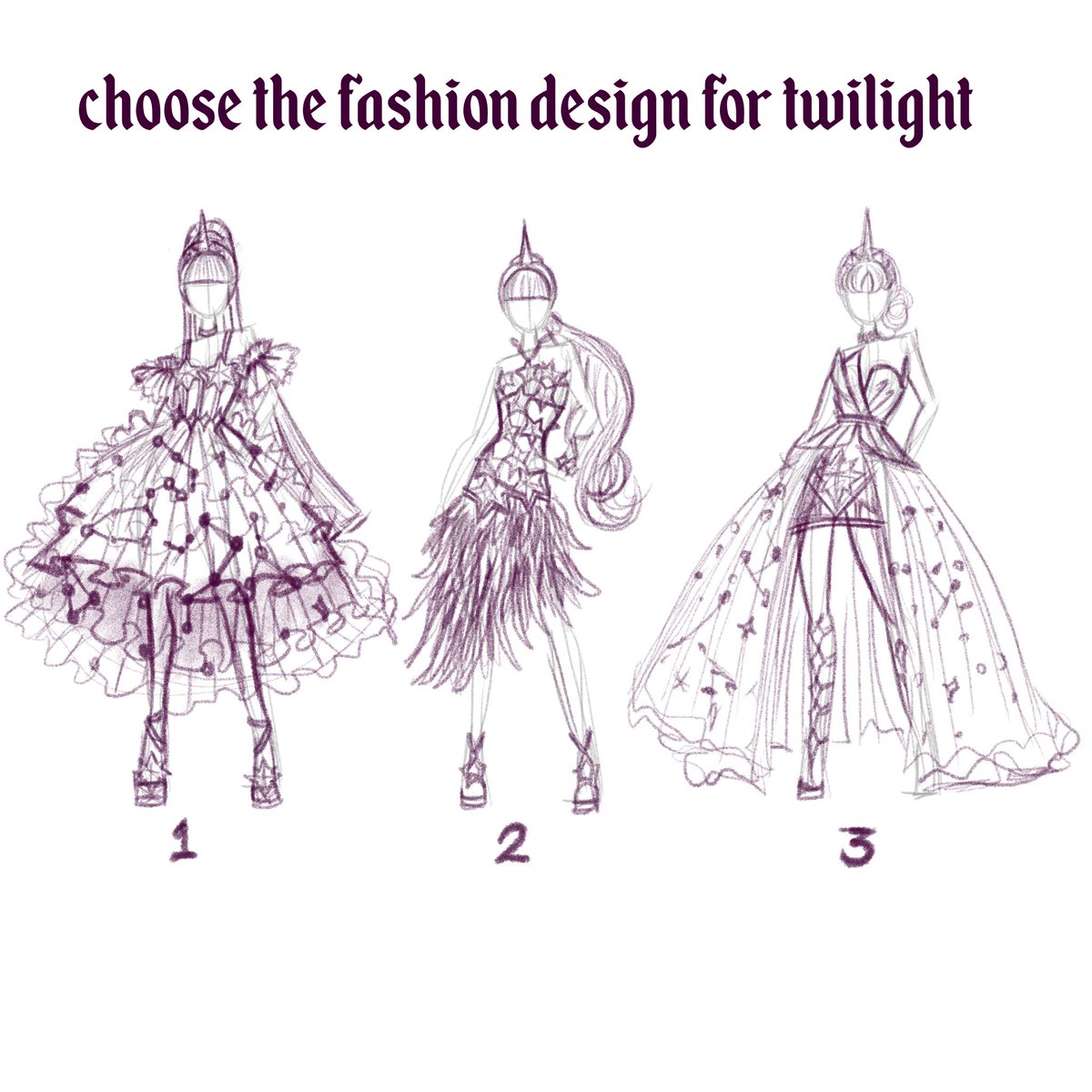 andresdraw12's tweet photo. hello guys in other news the character chosen by you on patreon is ready. with you the beautiful twilight sparkle, there I also leave the other designs that I thought, in the end you chose #3 and I loved it 💗💗

#twiglight #twiglightsparkle #mylittlepony #fashiondesign https://t.co/PsZcP8mTCL