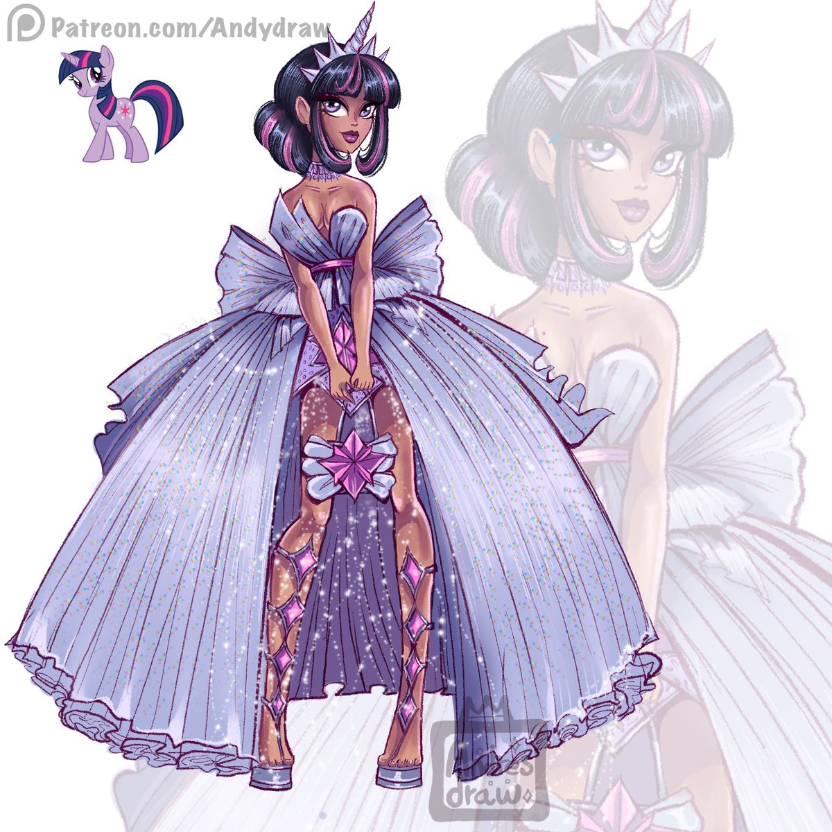 andresdraw12's tweet photo. hello guys in other news the character chosen by you on patreon is ready. with you the beautiful twilight sparkle, there I also leave the other designs that I thought, in the end you chose #3 and I loved it 💗💗

#twiglight #twiglightsparkle #mylittlepony #fashiondesign https://t.co/PsZcP8mTCL