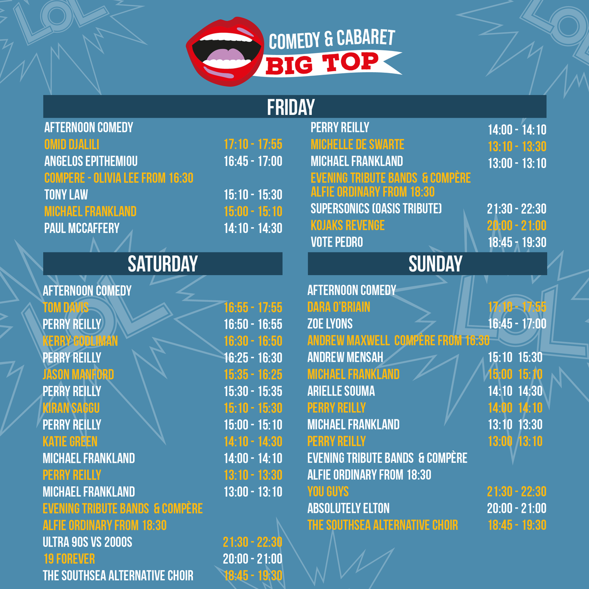 VictoriousFest's tweet image. ⭐️Jason Manford's set time has been updated!⭐️

He will now be on at the slightly earlier time of 15:35-16:25 on Saturday
The fully updated comedy stage times are below👇