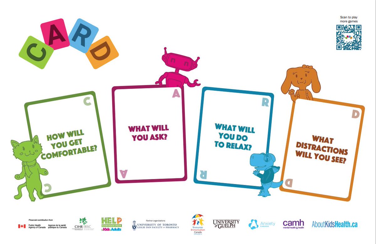 💉Is your child worried or #anxious about getting #vaccines? 

💡Try the CARD Game for Kids from <a href="/ImmunizedotCa/">Immunize Canada</a> 👉ow.ly/Z2HO50PC3cW
The CARD Method (Comfort, Ask, Relax, Distract) can help with coping with fear of needles or anxiety at any age! ^sk