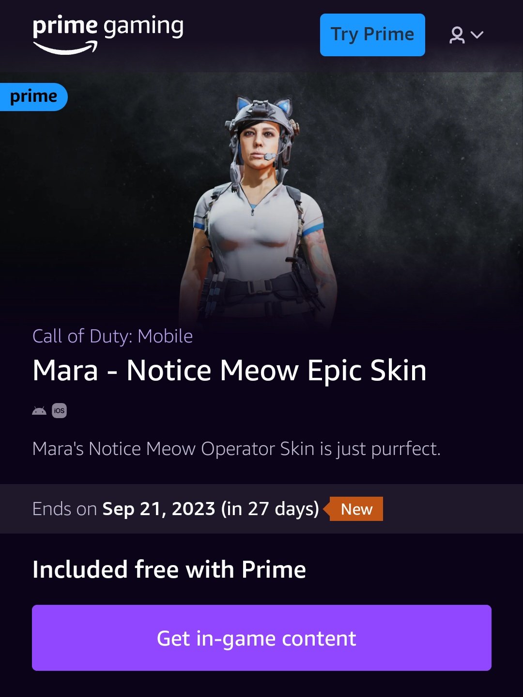 AminGh𝕏 on X: New #CoDMobile exclusive reward for  Prime Gaming  Subscribers Mara - Notice Meow Epic Operator Skin Available to Claim Now:    / X