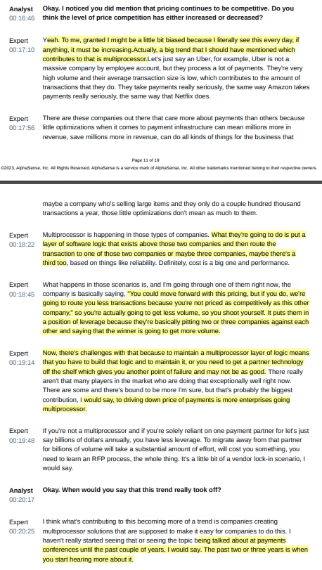 RihardJarc's tweet photo. A really great interview from a current Account Executive at Stripe. Talking about $ADYEY and $PYPL. Must read for Fintech investors:

- In his opinion, $ADYEY is very efficient and good at high touch sales cycle, especially with enterprises and, more specifically, with omnichannel retail (luxury brands)

- Thinks Braintree had a better trajectory before $PYPL acquired them. Thinks $PYPL 's over-focus on its wallet business is hurting Braintree prospects.

- The cost of card payments is being commoditized. Also, price competition is increasing. A big trend that contributes to the pricing pressure is multiprocessors. Big companies that have high-frequency small payments are pitting two or three companies in the payment space to compete with each other.

- Shares his view on $ADYEY 's compensation strategy for its employees. Thinks $ADYEY is more focused on growing young talent from the ground up than focusing on getting seasoned talent with a different comp structure.