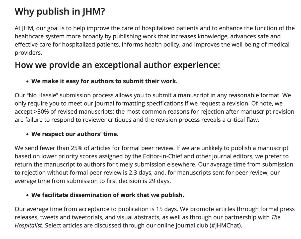 Why publish in @JHospMedicine? 🔵We make it easy for authors to submit📰 ➡️ focus on science, not format 🟡We respect authors’ time ➡️time to 1st decision = 29d w/ peer review; 2 days w/o 🔵We facilitate dissemination ➡️acceptance 2 pub = 15d⚡️) #JHMTweetorial #VisualAbstract