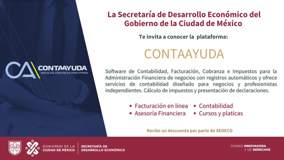 SedecoCDMX's tweet photo. #SEDECO te invita a conocer #ContaAyuda y hacer uso de herramientas tecnológicas que faciliten tareas contables y de impuestos mediante el uso de plataformas y software de impuestos para negocios.
Más información y beneficios especiales en este link: https://t.co/L9Hqdyl2cz https://t.co/pEE9oJcvek
