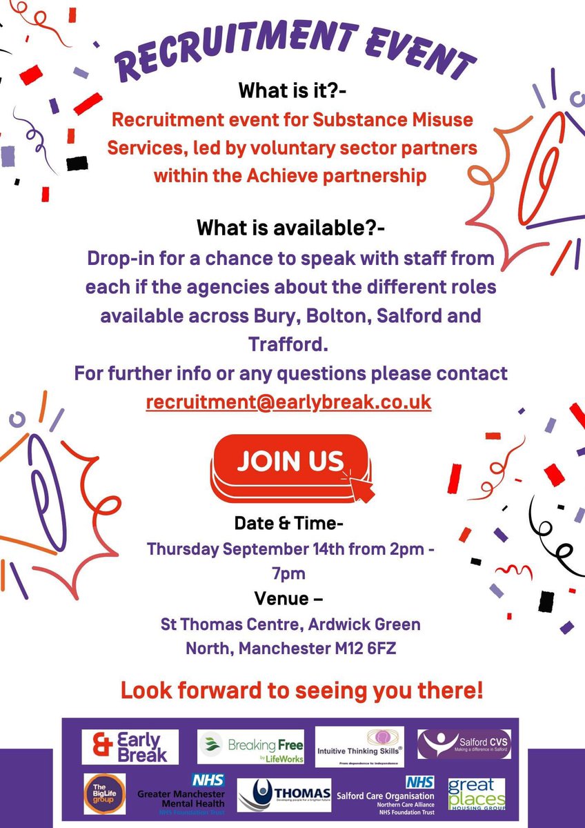 aimsonhealth's tweet photo. Looking for work? Achieve Recovery Services are holding a recruitment event on the 14th September! 

No need to book, just turn up &amp; speak to the variety of different agencies about their job opportunities across Bury, Bolton, Salford &amp; Trafford. https://t.co/9JTs1RvCxH