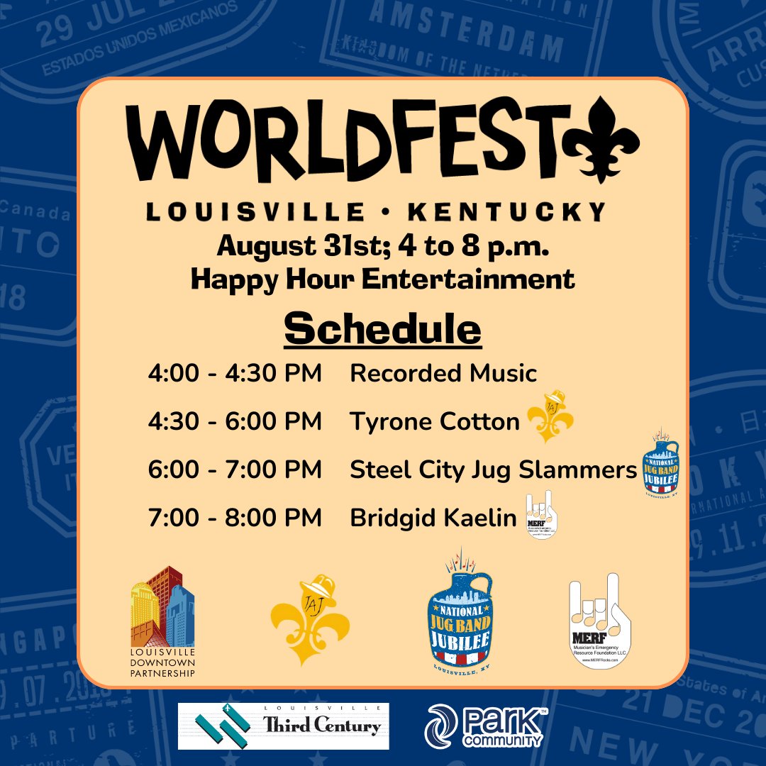 AroundLou's tweet photo. One more week till we celebrate 21 years at the WorldFest Happy Hour! Come and enjoy food, drinks, and music on the Fountain Stage a day early on the Belvedere. Check out the schedule here! Thank you to our Happy Hour sponsors! 
https://t.co/PpHdNcJyKv #WorldFestLou https://t.co/bCLzpEkaAW