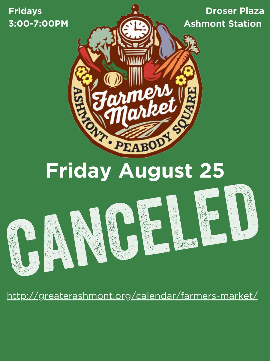 No market tomorrow 8/25 !Given tomorrow's weather forecast, we have decided to cancel the Farmer's Market this Friday, August 25.
We hope the weather doesn't stop us for a third straight week! Be back next Friday, Sept. 1st with great vendors, food trucks and live music.