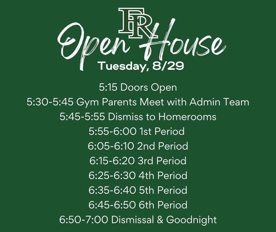 Parents/Guardians, join us Tuesday, August 29th from 5:30-7:00 for Open House. Hear from the admin team and go through your child's schedule to meet with each teacher. We look forward to a great evening! #EaglePride #FlatRockRocks #GoEagles