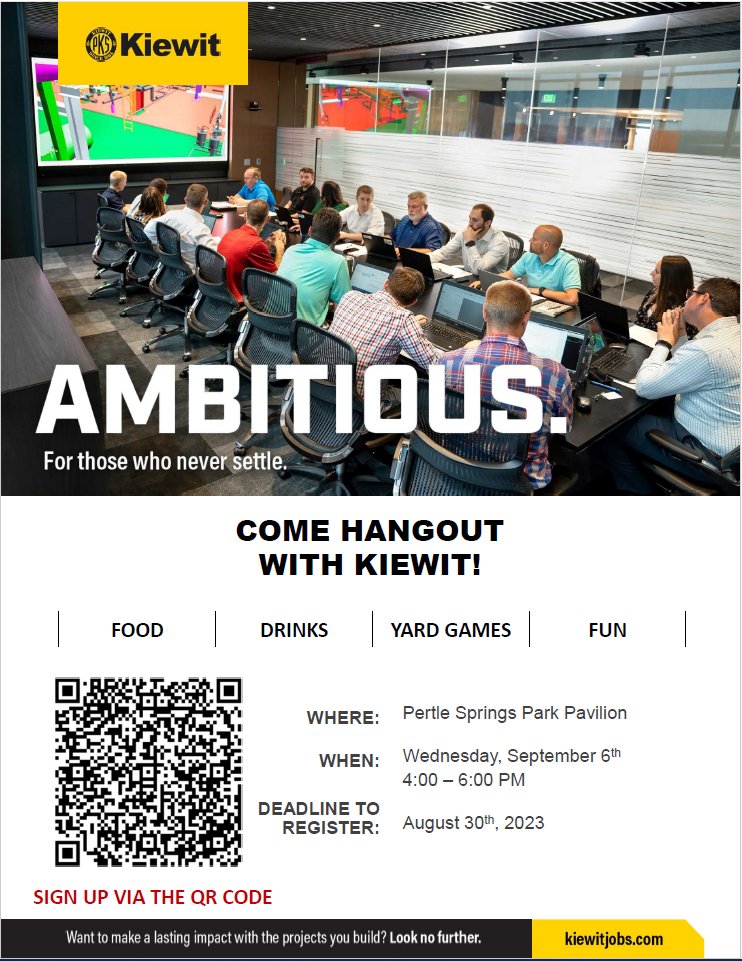 UcmEngTech's tweet photo. Join Kiewit at Pertle Springs Park Pavilion on Wed, Sept 6th, 4-6 pm. Scan the QR code on the flyer to sign up by Aug 30th. Reach out if you need help. We can't wait to see you there!
@UCentralMO @kiewit https://t.co/3h3bPkN61R