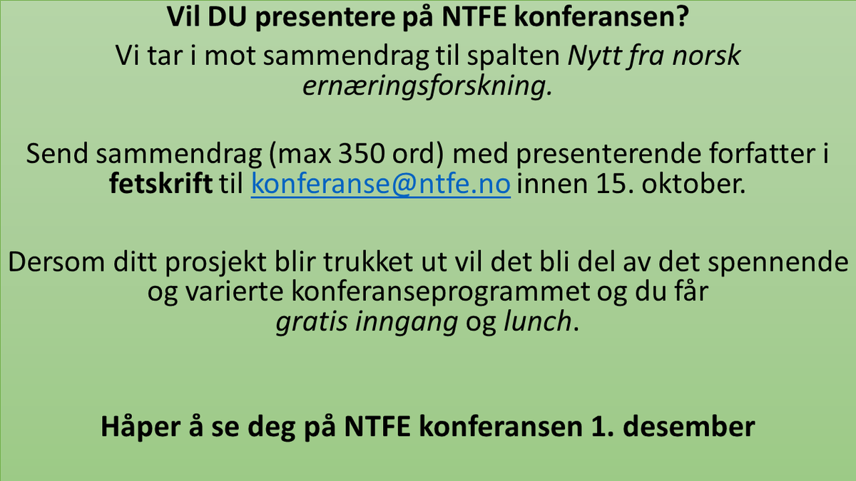 kariannesve's tweet photo. Har du et spennende ernæringsprosjekt som du gjerne vil vise kollegaene dine? Hvorfor ikke vise det frem på #NTFE-konferansen. Vi har åpnet for innsending av sammendrag: https://t.co/yPm2805hjT