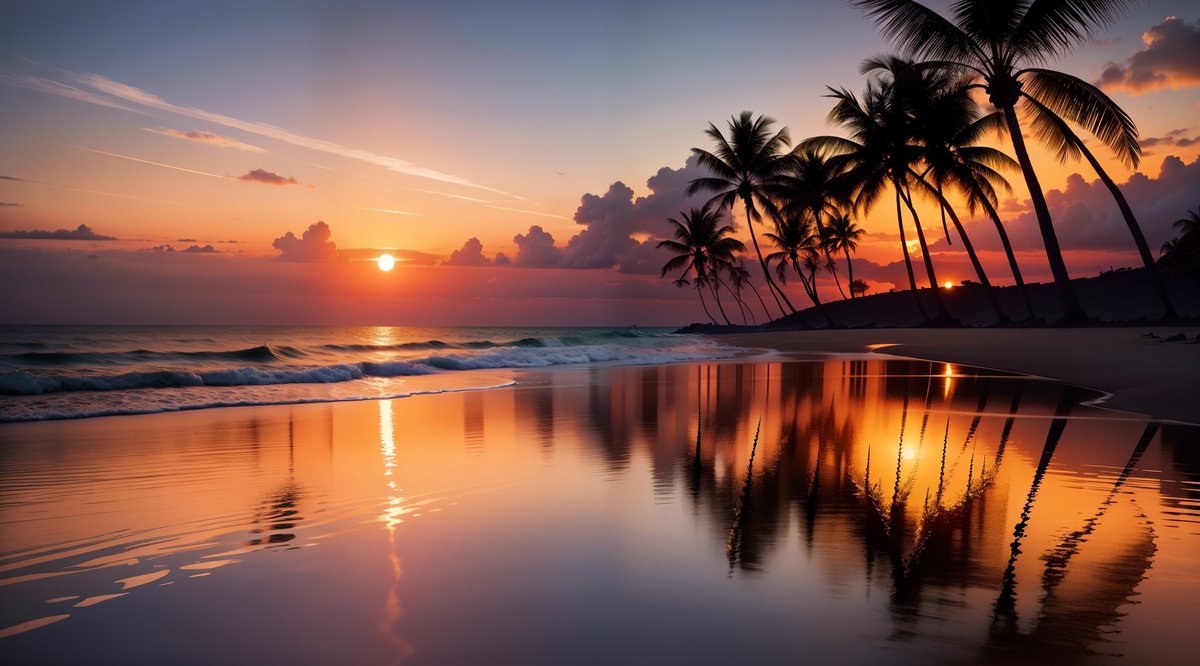 #TropicalParadise #BeachSunset #GoldenHour #PalmTrees #SereneScenery #OceanView #SandyBeach #SunsetReflections #TropicalSunset #BeachVibes #ParadiseFound #PalmTreeSilhouette #CalmWaters #WhiteSands