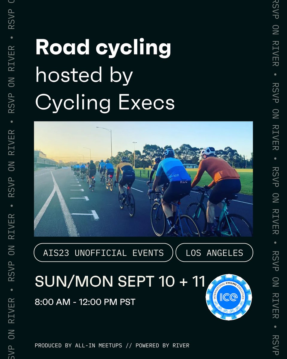 Road cycling led by <a href="/ConradBates/">Conrad Bates</a> and <a href="/Ryan_G_Lambert/">Ryan</a> 

International Cycling Executives (ICE) ride from UCLA, taking in Bel Air, Beverly Hills and Hollywood with epic views of LA, and the valley along the iconic Mulholland Drive. 

SUN SEPT 10 // RSVP app.getriver.io/events/cycling…