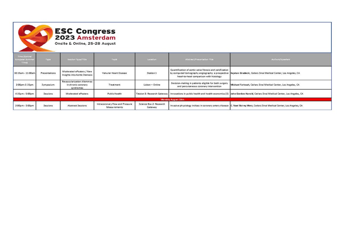 We're ready for #ESCCongress! Don't miss out on connecting with our expert team! @CMAlbertEP @DrMarthaGulati @damini_dey @aakriti_15 @AnaIribarren10 @JanetWeiMD @drmikefarkouh @jgharoldmd @WomensHeartCS @CedarsSinaiMed @escardio
