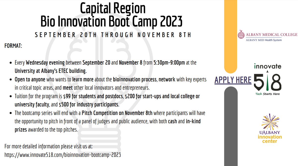Save the Date! 

Innovate518, led by <a href="/ualbany/">University at Albany</a>, is partnering with <a href="/AlbanyMed/">Albany Med Health System</a>  to offer a bootcamp series on Wednesdays from 9/20-11/8 from 5:30pm-9pm!  It will cover topics in both bioinnovation and commercialization.

For more information, please visit: innovate518.com/bioinnovation-…