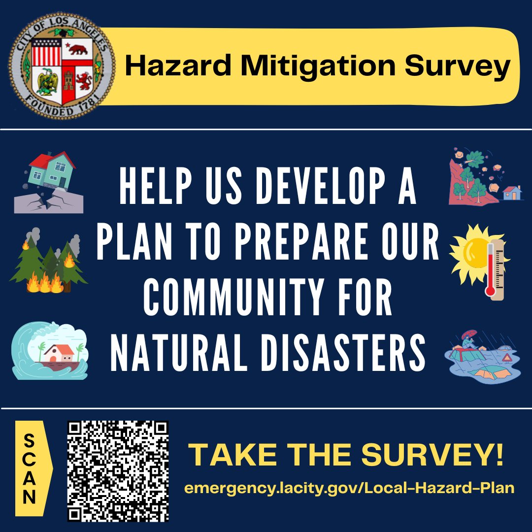 CEMO_EJ4LA's tweet photo. The City of LA needs your feedback! Take the Hazard Mitigation Survey to help us plan for how to keep Angelenos safe in emergencies and disasters. Take the survey here ➡️https://t.co/cRF2XsifXT
@ReadyLA #ReadyLA #NotifyLA #HeatRelief4LA https://t.co/0xX6ZW1asj
