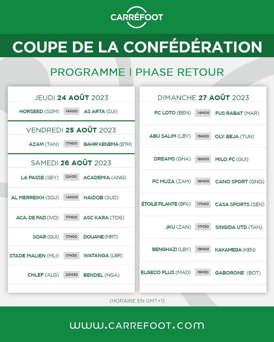 Carre_foot's tweet photo. COUPE DE LA CONFÉDÉRATION-CAF : Le programme complet de la seconde manche du premier tour préliminaire !
#CoupeDeLaConfédérationCaf #Qualifications #PhaseRetour #carrefoot
https://t.co/WFfuhsONxM https://t.co/zJnMsICR8F